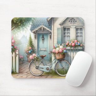 Tapis De Souris Maisonnette Bleue avec Vélo et Panier de Fleurs Pr