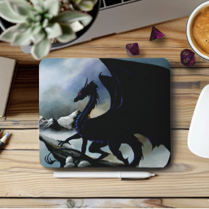 Tapis De Souris Majestueux Montagnes de Fantasy Sombres Dragon Noi
