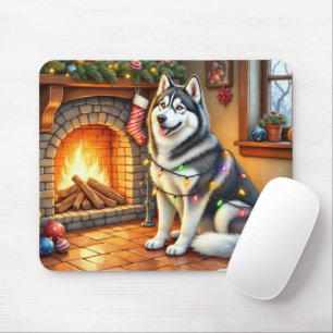 Tapis De Souris Malamute d'Alaska cheminée avec lumières de Noël