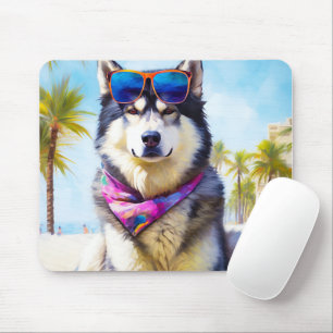 Tapis De Souris Malamute d'Alaska sur la plage, cadeau d'été