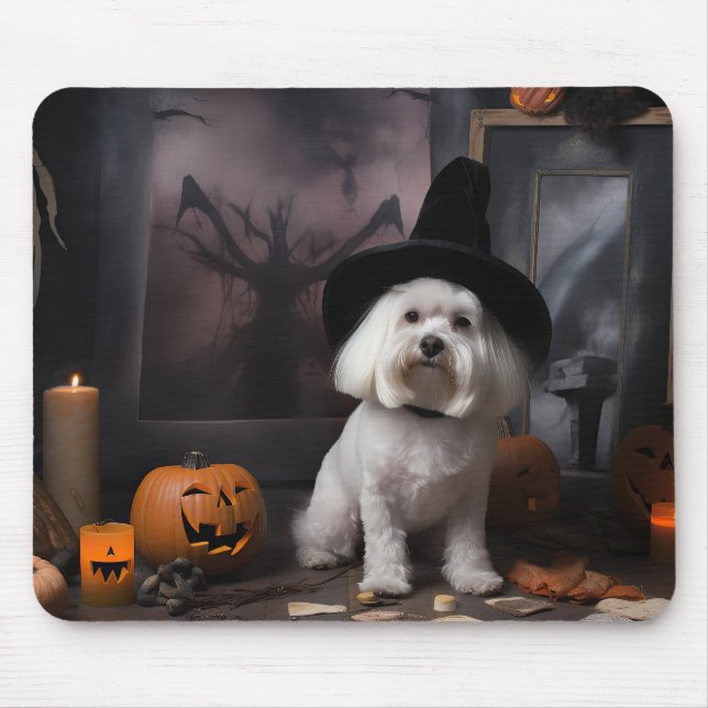 Tapis De Souris Maltais Citrouille Halloween effroi (Devant)
