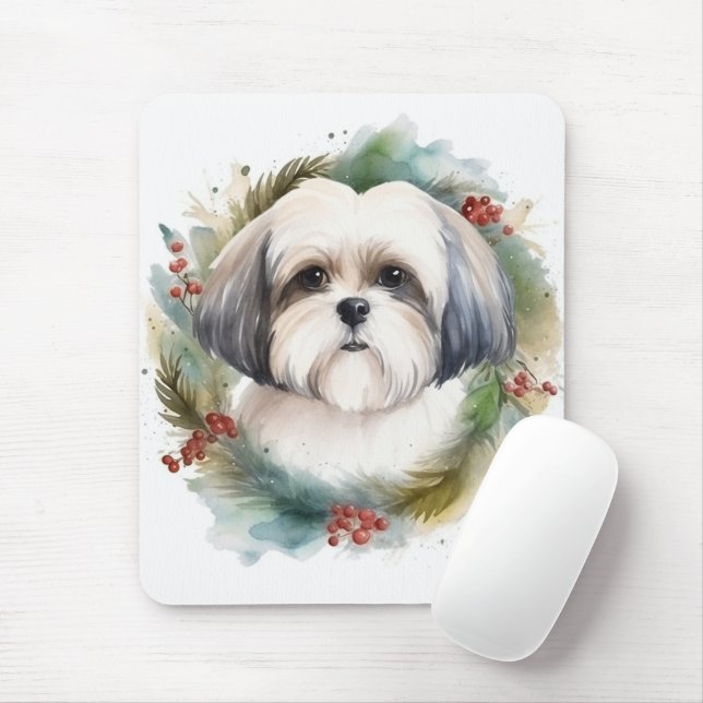 Tapis De Souris Malti Tzu Christmas Wreath Festive Pup (Avec souris)