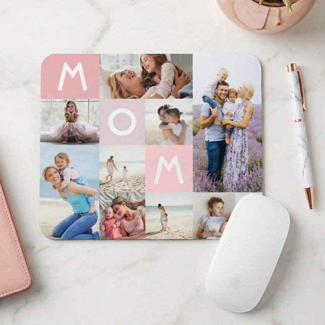 Tapis De Souris Maman Grille Photo Moderne Collage Famille Keepsak (Mom Modern Photo Grid Collage Family Keepsake Pink Mouse Pad)