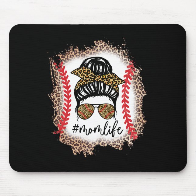 Tapis De Souris Maman Vie Baseball Maman Messy Bun Leopard Basebal (Devant)