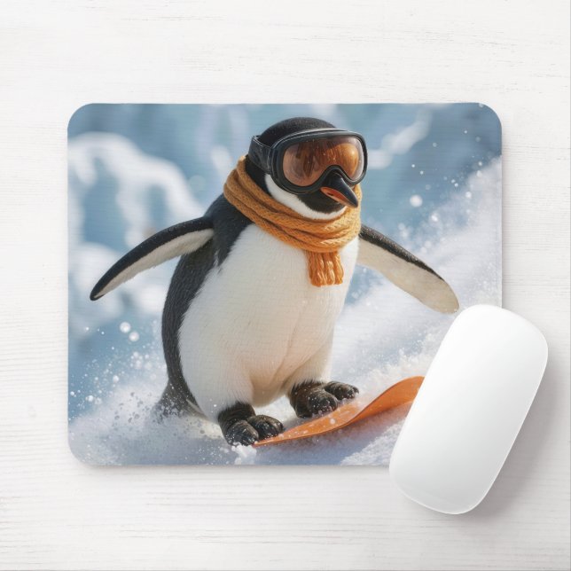 Tapis De Souris Manchot faisant du snowboard en descente (Avec souris)