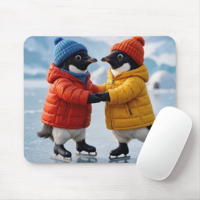 Tapis De Souris Manchots patinant sur glace  (Avec souris)