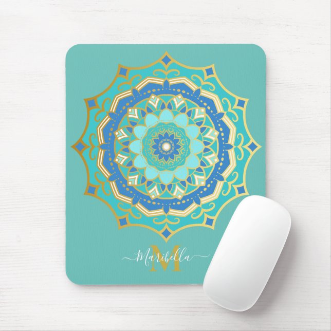 Tapis de souris mandala bohème or bleu turquoise (Avec souris)