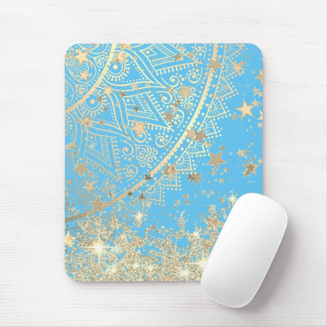 Tapis De Souris Mandala envoûtant avec Gold Stars sur Turquoise (Avec souris)