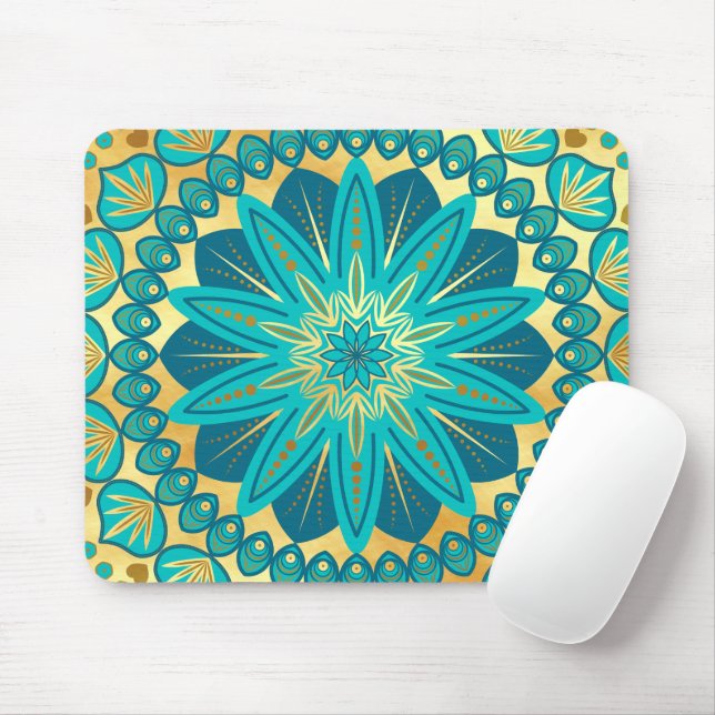 Tapis De Souris Mandala Fleur d'Or Bleu (Avec souris)