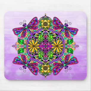 Tapis De Souris Mandala, libellule violette, dessin manuel