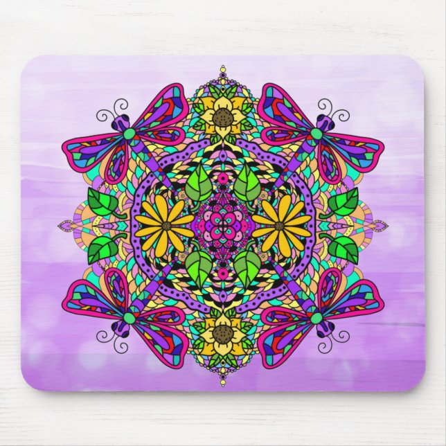 Tapis De Souris Mandala, libellule violette, dessin manuel (Devant)