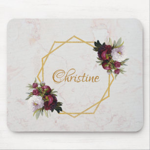 Tapis De Souris Marble Gold Bourgogne Red Peonies Nom de la fille