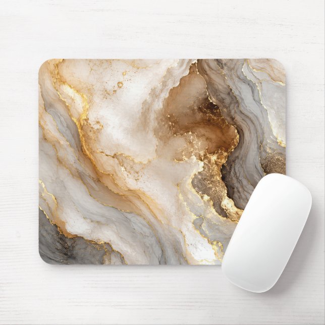 Tapis De Souris Marbre abstrait blanc et or ivoire (Avec souris)