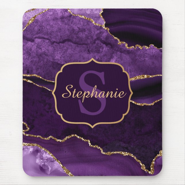 Tapis De Souris Marbre Agate Monogramme Pailleté Or et Violet (Devant)