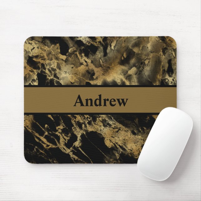Tapis De Souris Marbre Agate Noir Or Monogramme Moderne Tendance (Avec souris)