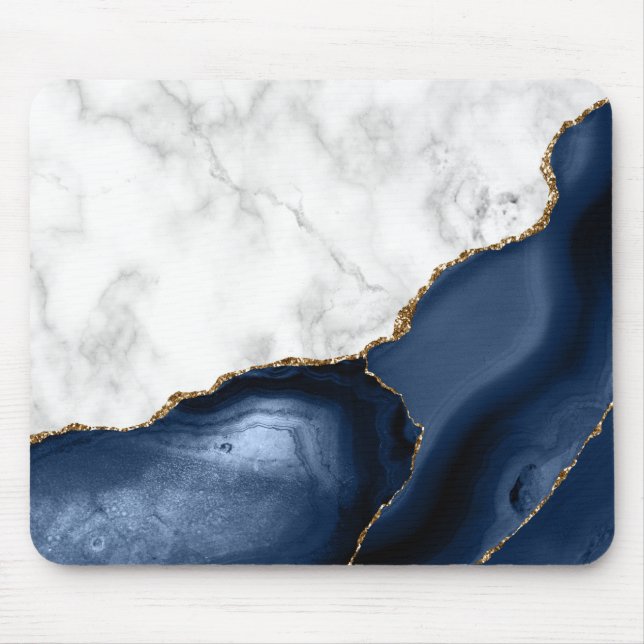 Tapis De Souris Marbre blanc Agate bleu marine doré (Devant)