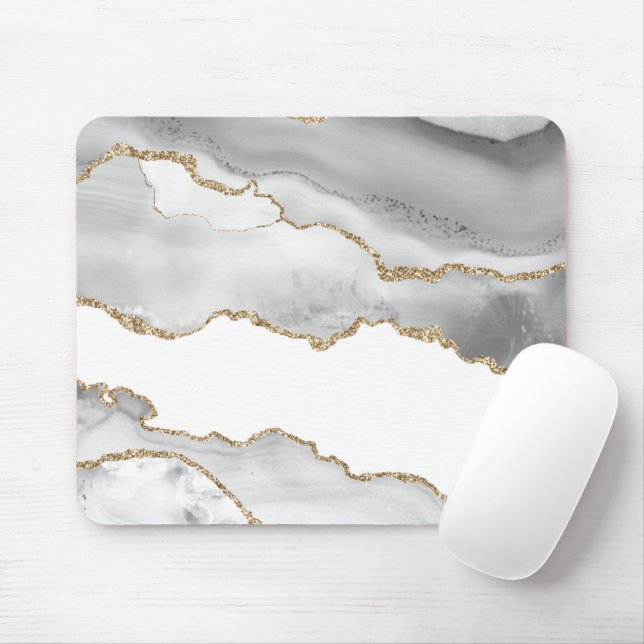 Tapis De Souris Marbre Blanc Agate Raffiné Paillettes Dorées (Avec souris)