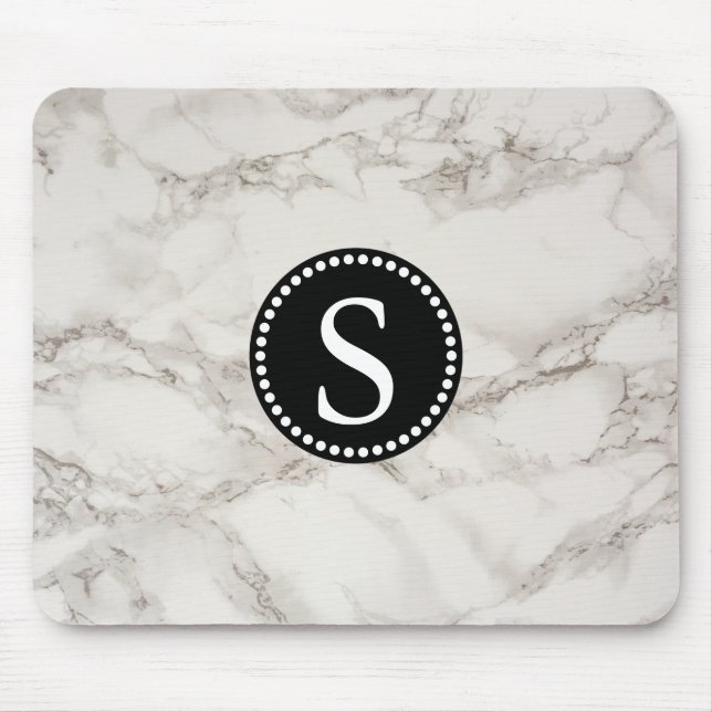 Tapis De Souris Marbre blanc avec Monogramme noir (Devant)