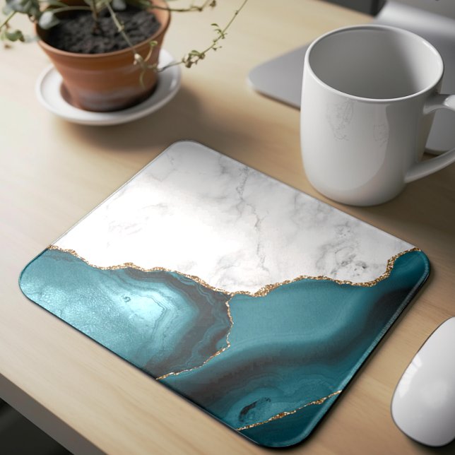 Tapis De Souris Marbre blanc doré Turquoise Bleu Agate (Créateur téléchargé)
