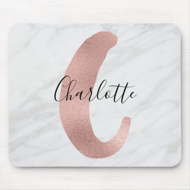 Tapis De Souris Marbre blanc et gris chic Rose Or C Monogramme Nom (Devant)