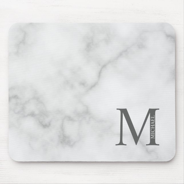Tapis De Souris Marbre blanc Monogramme personnalisé et nom (Devant)