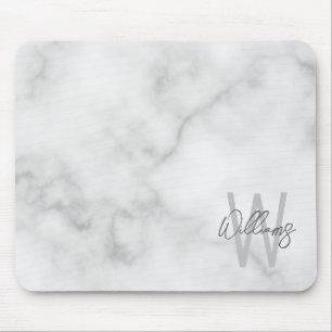 Tapis De Souris Marbre blanc Script Monogramme personnalisé et nom