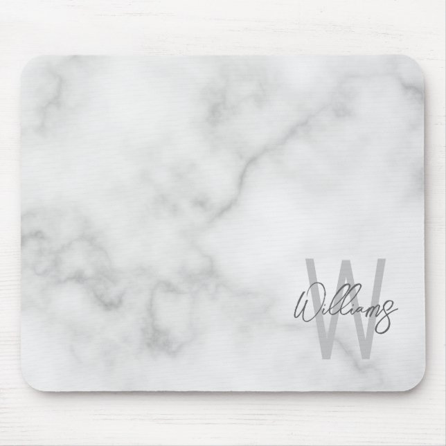 Tapis De Souris Marbre blanc Script Monogramme personnalisé et nom (Devant)