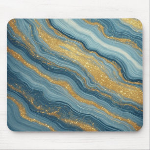 Tapis De Souris Marbre Bleu Abstrait Avec Veines D'or