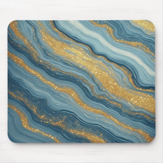 Tapis De Souris Marbre Bleu Abstrait Avec Veines D'or (Devant)