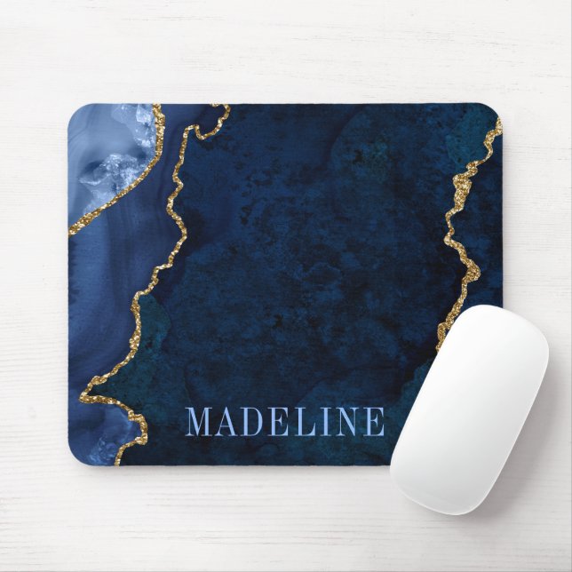 Tapis De Souris Marbre Bleu Géode Aquarelle Mode Moderne (Avec souris)