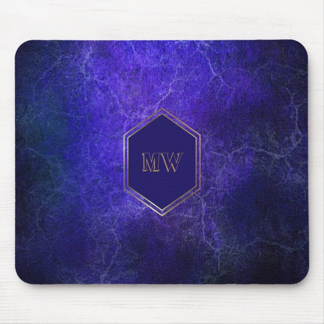 Tapis De Souris Marbre bleu violet monogramme or (Devant)