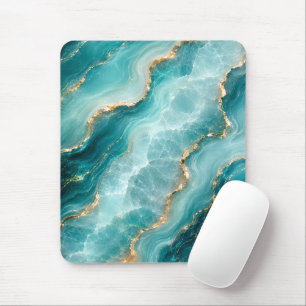 Tapis De Souris Marbre d'agate Aqua de luxe avec veines dorées