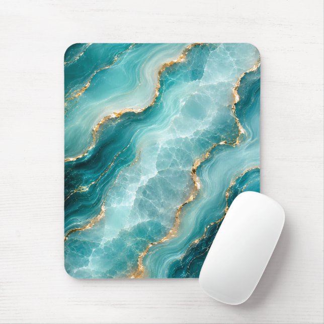 Tapis De Souris Marbre d'agate Aqua de luxe avec veines dorées (Avec souris)