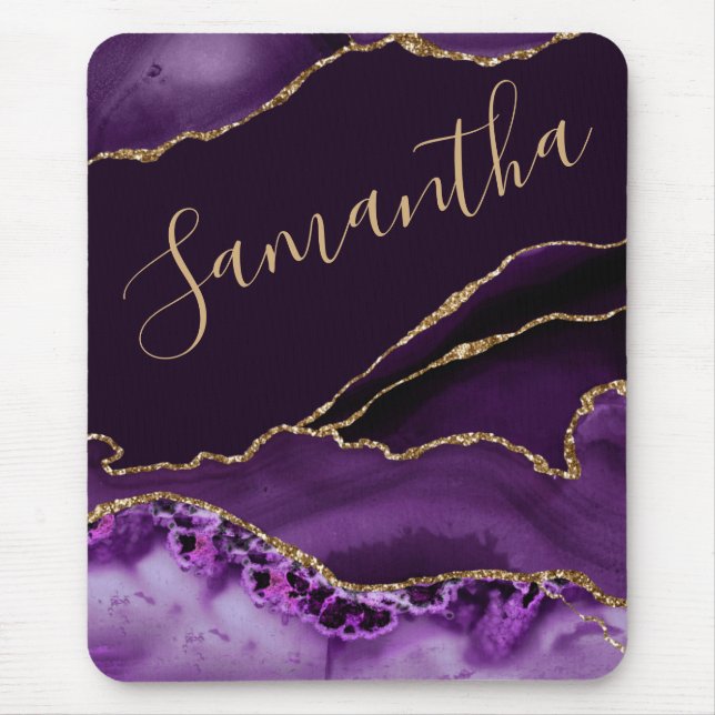 Tapis De Souris Marbre d'agate pailleté or faux et violet (Devant)