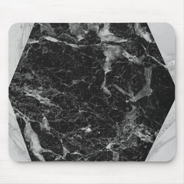 Tapis De Souris Marbre Noir Blanc & Argent Moderne Glam (Devant)