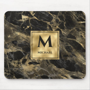 Tapis De Souris Marbre noir et or Monogramme Élégant Luxe
