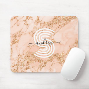 Tapis De Souris Marbre Pailleté Rose Gold, Nom en Écriture Monogra