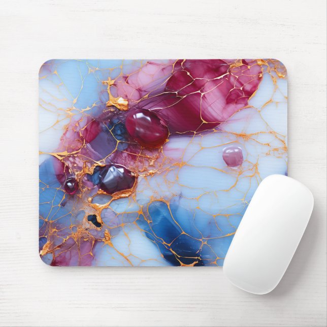 Tapis De Souris Marbre Rose et Saphir avec Veines Dorées (Avec souris)