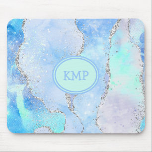 Tapis De Souris Marbre Tourbillon Monogramme Bleu Vert Argent Pail