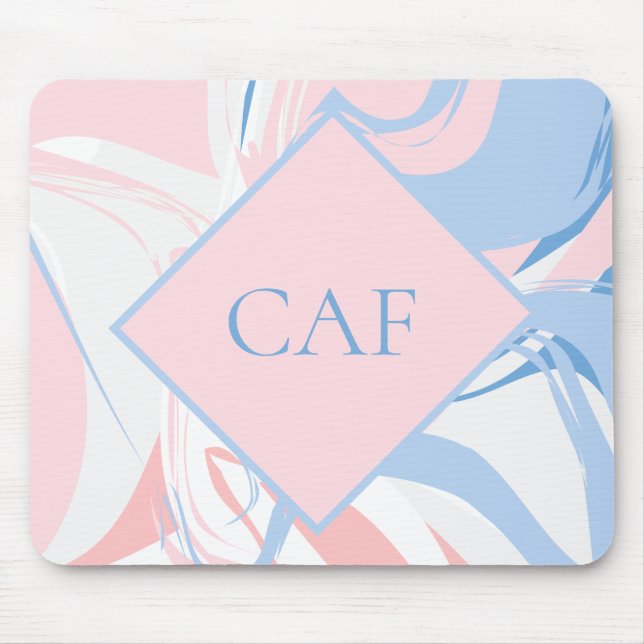 Tapis De Souris Marbre tourbillonnant bleu blanc rose Monogramme  (Devant)