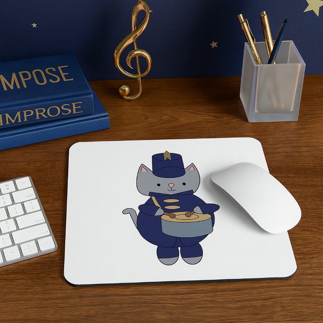 Tapis De Souris Marching Band Drummer Gray Cat Navy Blue Gold (A mouse pad with a snare playing cat in a navy blue & gold marching band uniform.)
