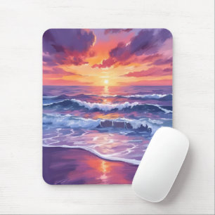 Tapis De Souris Marée violette Vagues océaniques au coucher du s