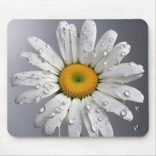Tapis De Souris Marguerite blanche avec gouttes de pluie