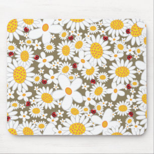 Tapis De Souris Marguerites blanches d'été et coccinelles rouges