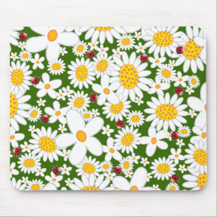 Tapis De Souris Marguerites blanches d'été et coccinelles rouges