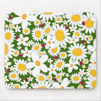 Tapis De Souris Marguerites blanches d'été et coccinelles rouges