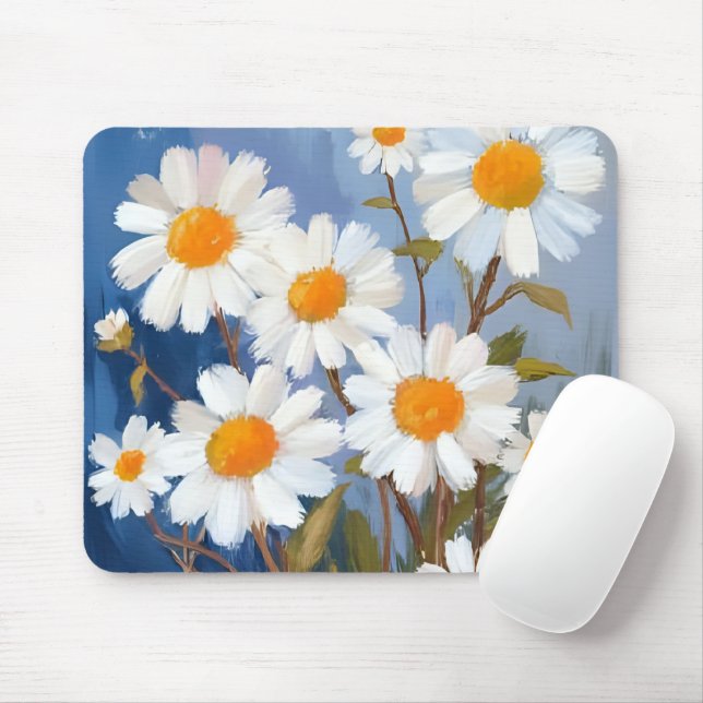 Tapis De Souris Marguerites blanches Fleurs à l'aquarelle Peintes (Avec souris)
