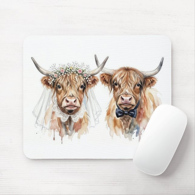 Tapis De Souris Mariage de vaches Highland à l'aquarelle (Avec souris)