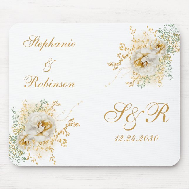 Tapis De Souris Mariage Monogramme Floral Or (Devant)