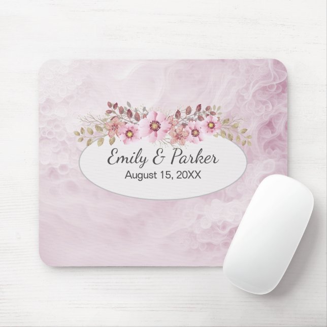 Tapis De Souris Mariage Rose Abstrait Avec Noms et Date (Avec souris)